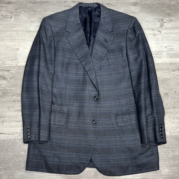 Oxxford Clothes Grey Navy Blue & Red Plaid Silk Sport Coat 44L